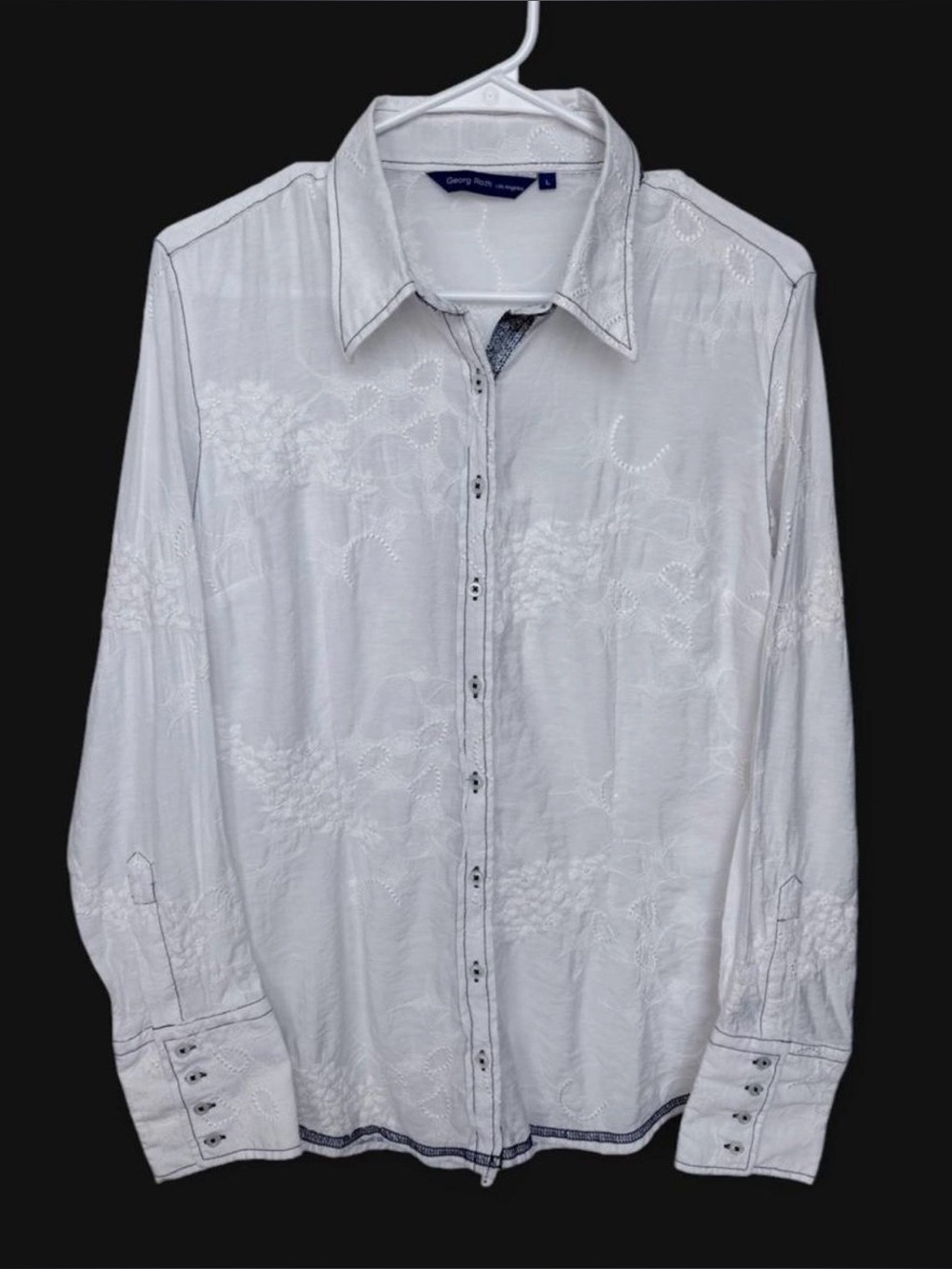 Georg Roth White Floral Embroidered Sequin Button Front Shirt Large Lightweight